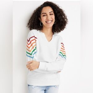 White Sweatshirt with Rainbow Chevron Sleeves